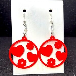 Red Heart and Flower Dangle Earrings